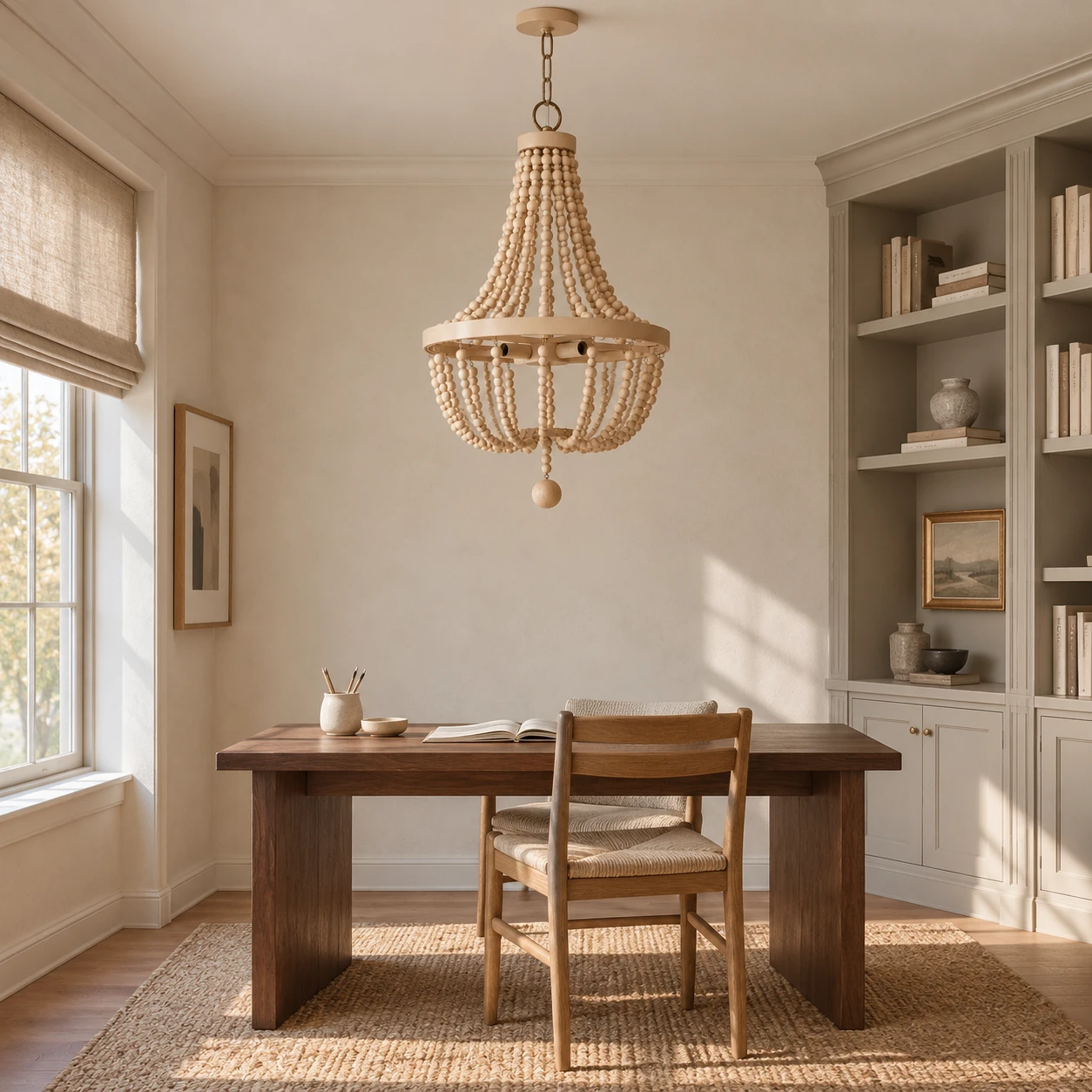 Small wood-bead chandelier over a home study writing desk