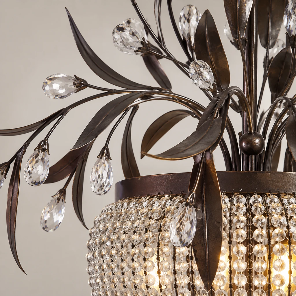 Close detail of Celeste dark bronze leaves, branches and clear faceted crystals