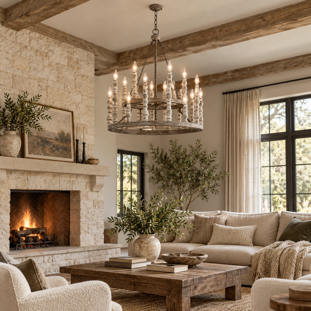 Mira Rustic Carved Wood Chandelier — 05 scene living double