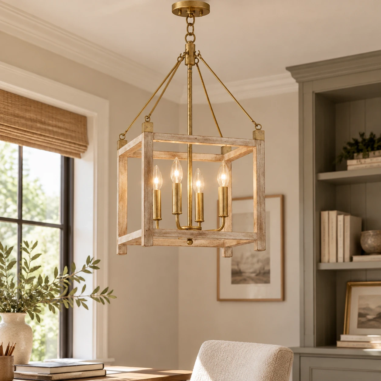 Milo American Rustic Four-Light Iron and Wood Chandelier in a bright study nook