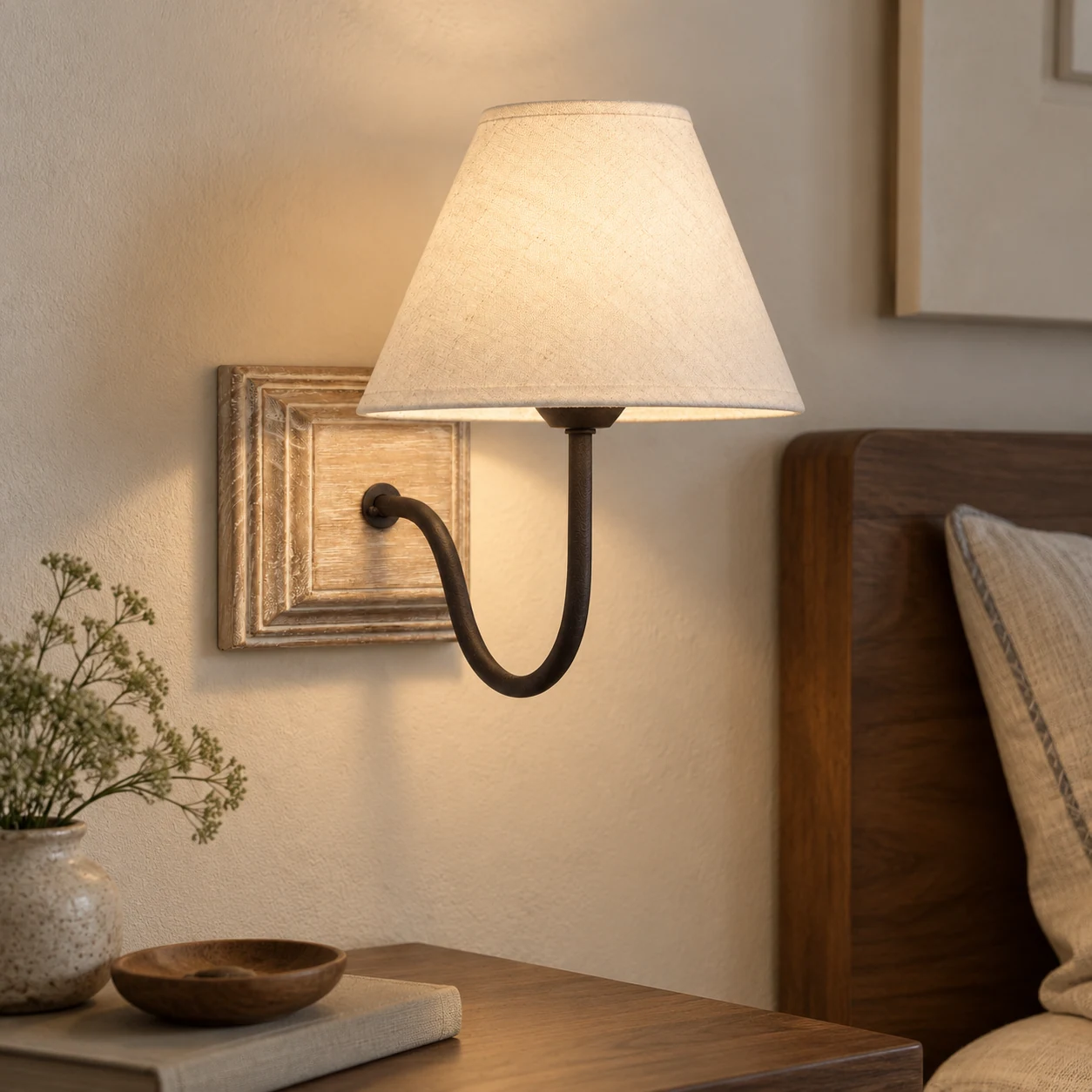 Woven fabric wall sconce gently lit above a bedside shelf