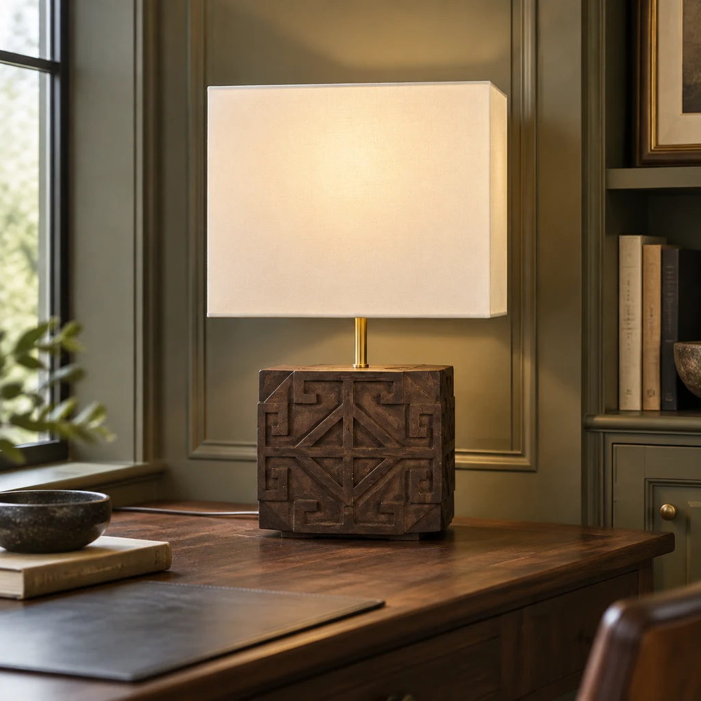 Aurelia carved wood table lamp on a walnut writing desk in an olive study