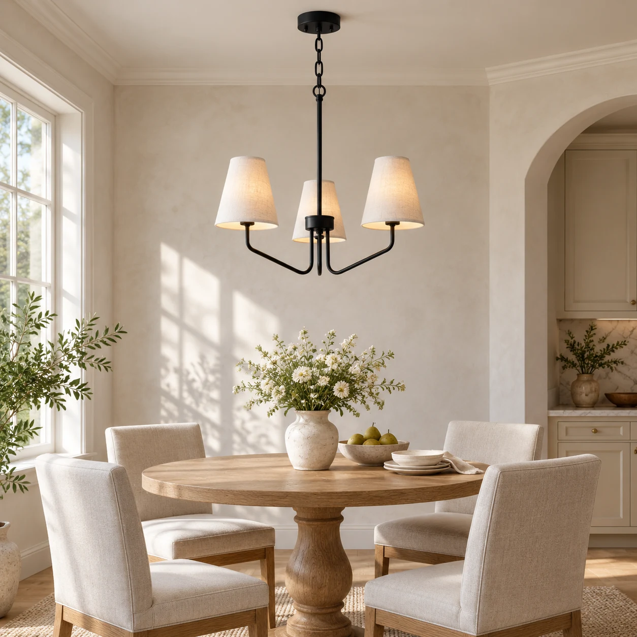 Lucia black iron branching fabric-shade chandelier in a breakfast room