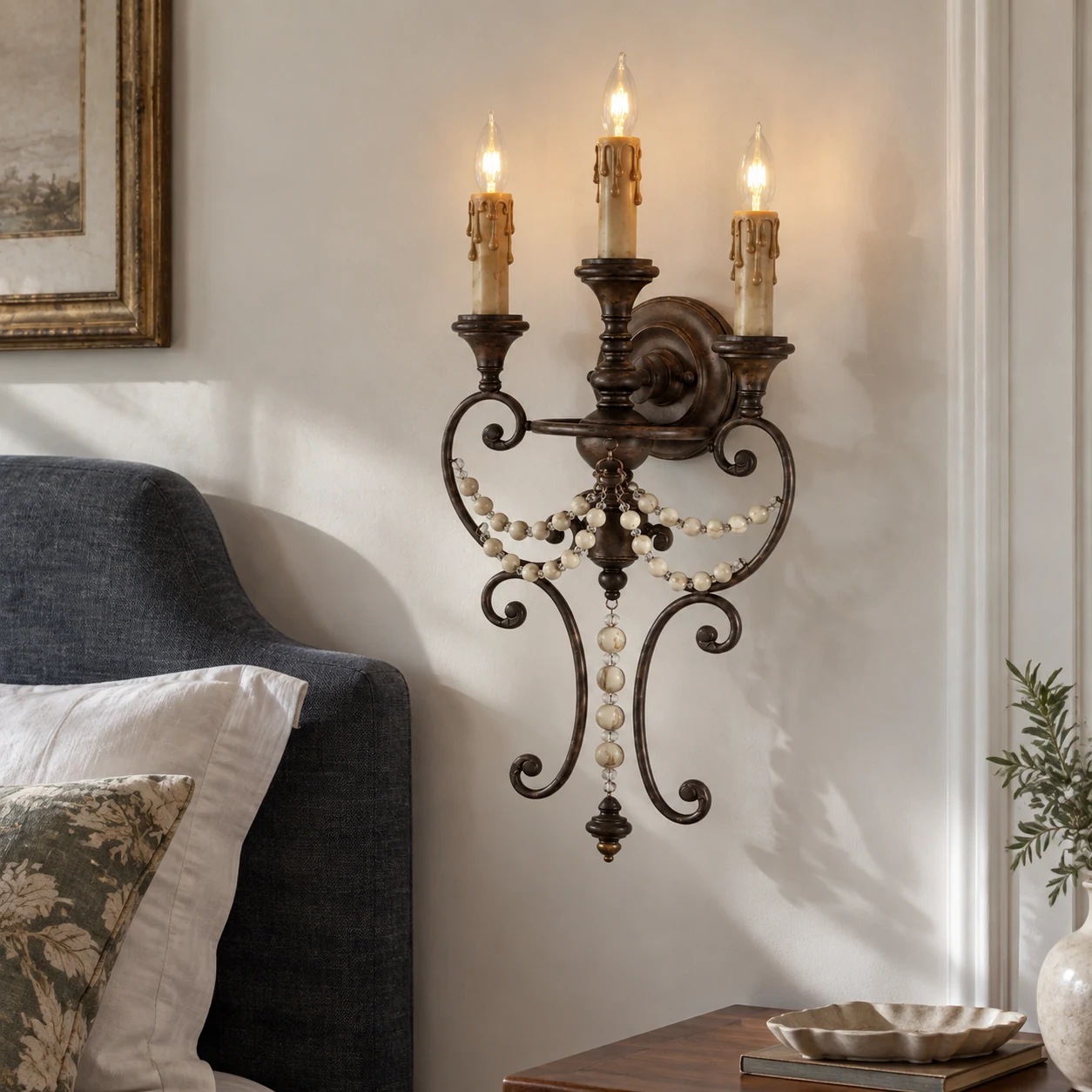 Antique three-light beaded wall sconce, residential installation scene