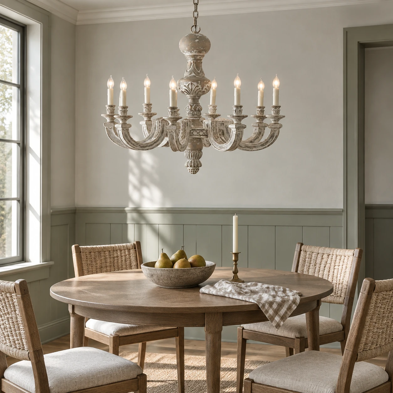Eight-light distressed wood chandelier in a breakfast room