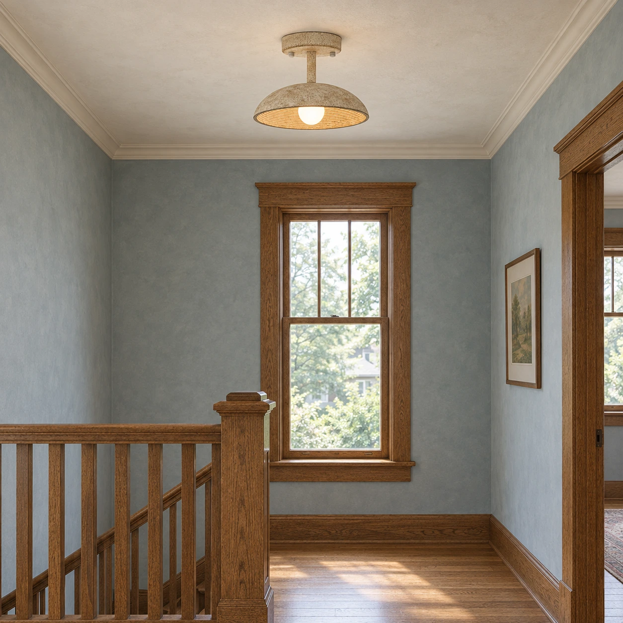 Clara textured resin ceiling light near a tall Arts and Crafts landing window
