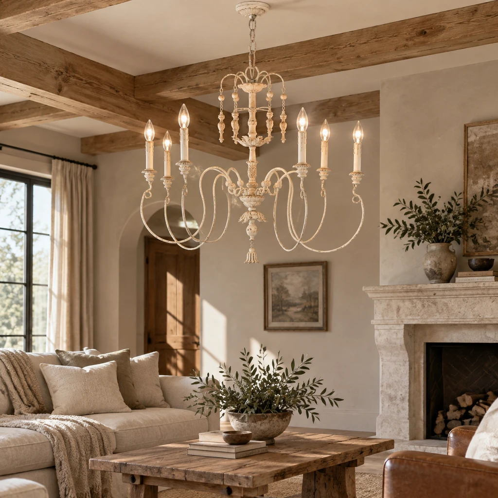 French vintage carved wood chandelier in a living room
