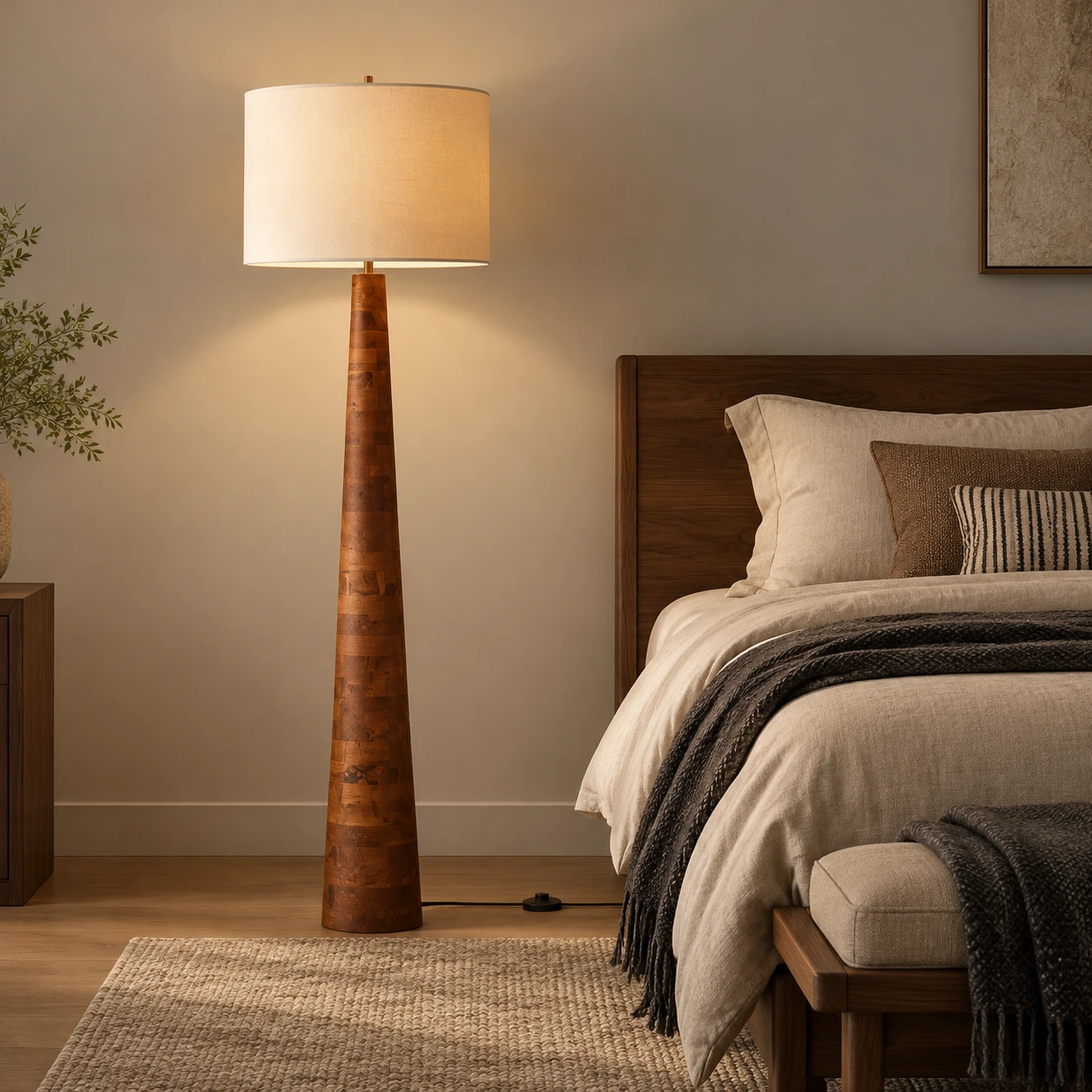 Marlow Rustic Carved Wood Floor Lamp — Carved wood floor lamp beside a bedroom