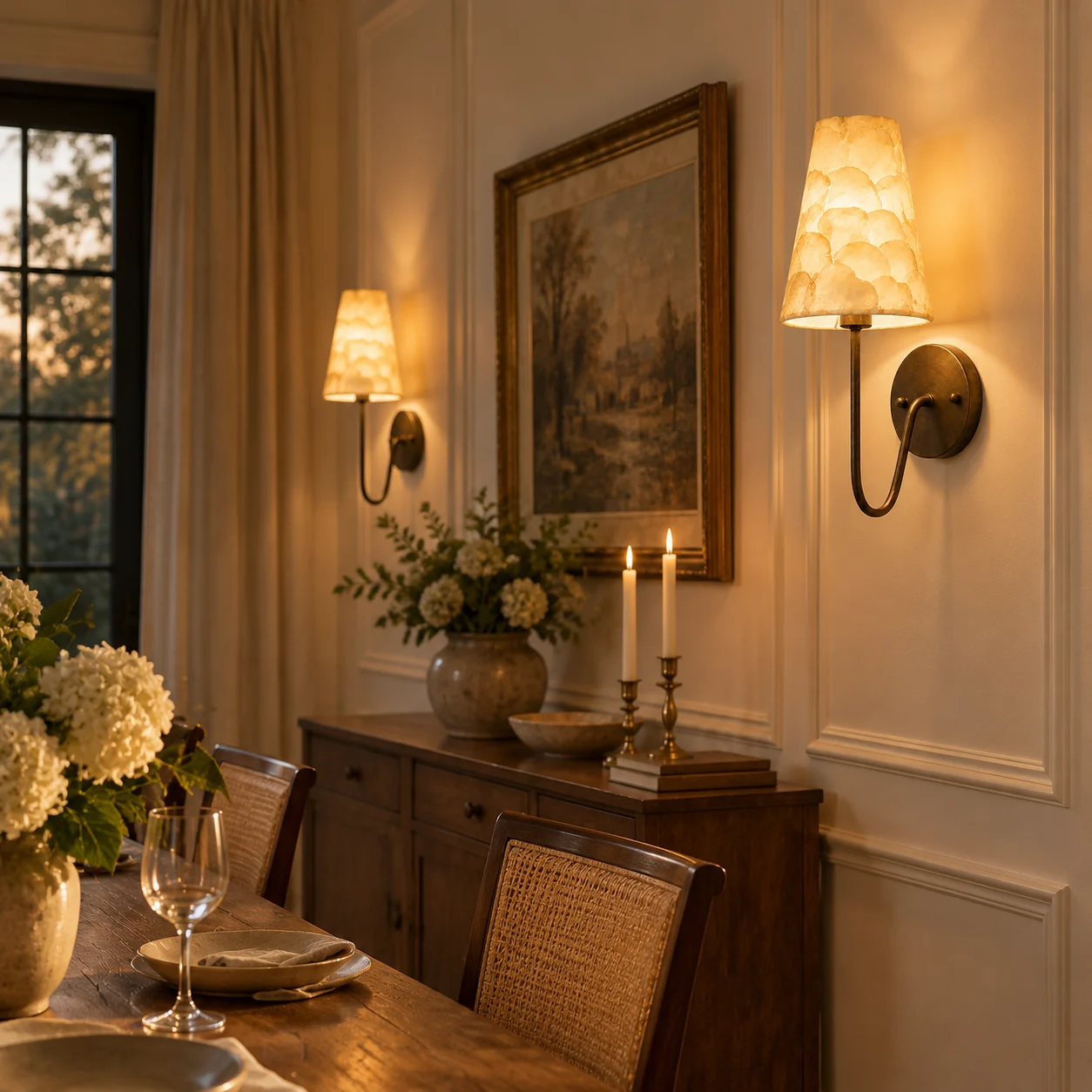 Vintage gold shell mosaic wall sconce in a dining room