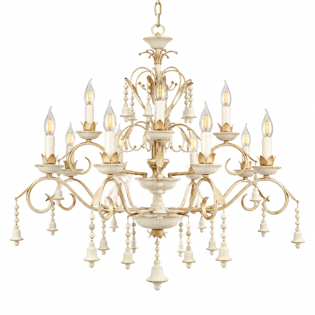 Vintage White finish with the complete 12-light chandelier structure