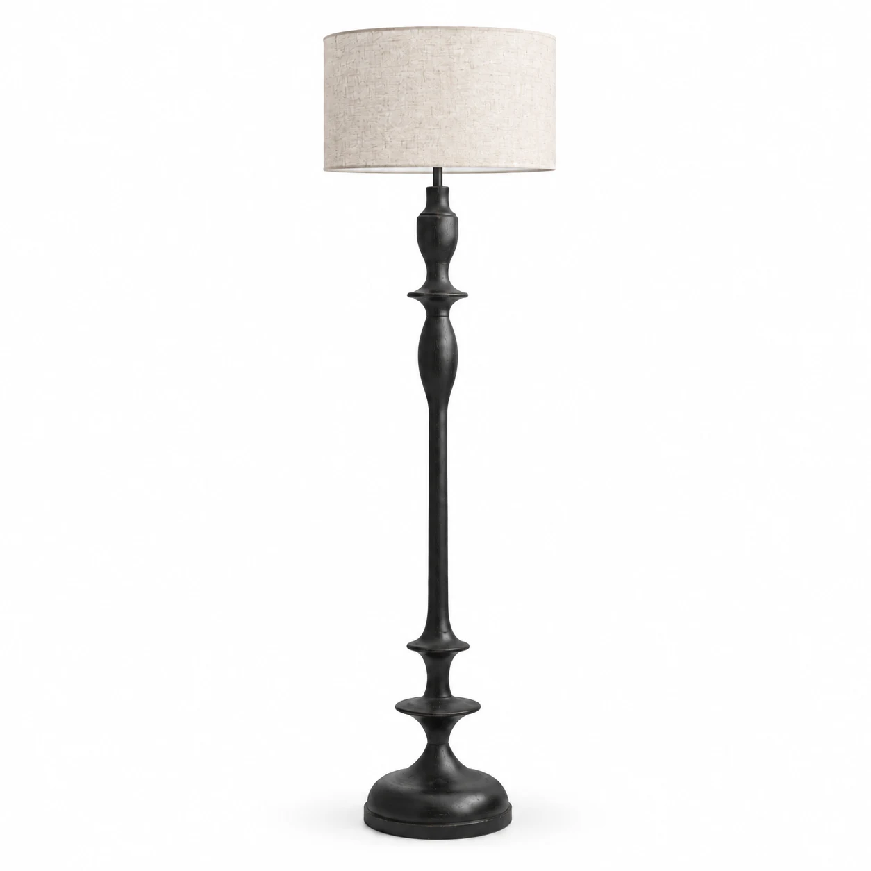 Camille black turned-wood linen floor lamp on a white background