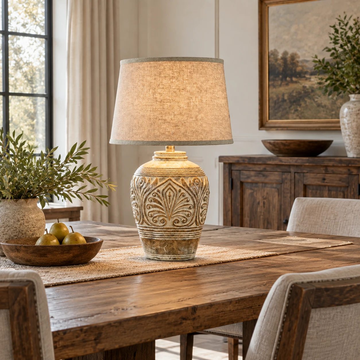 American Rustic Wood Table Lamp in an American rustic dining area with a long wood table