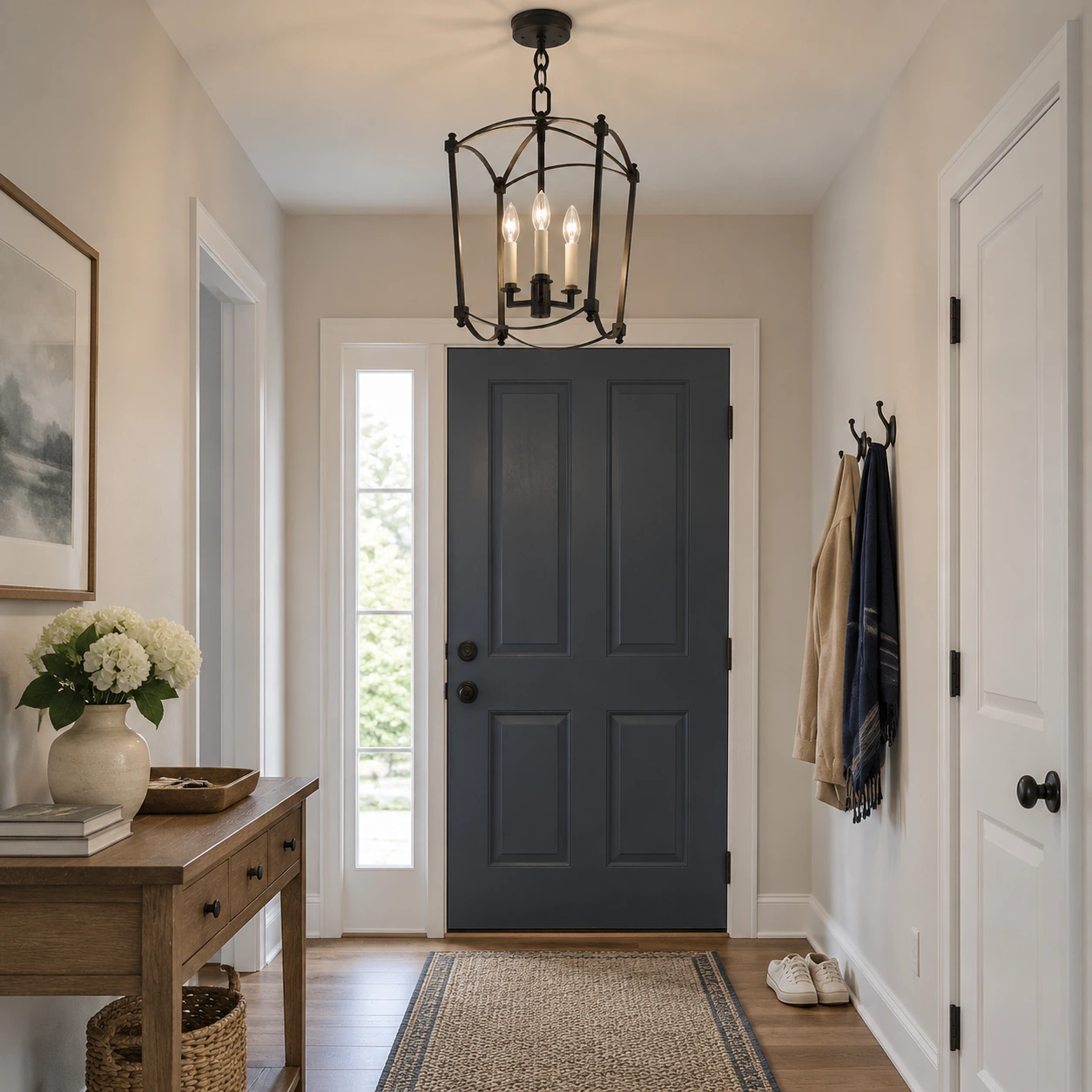 Mabel matte black birdcage chandelier in a practical family-home entry hall