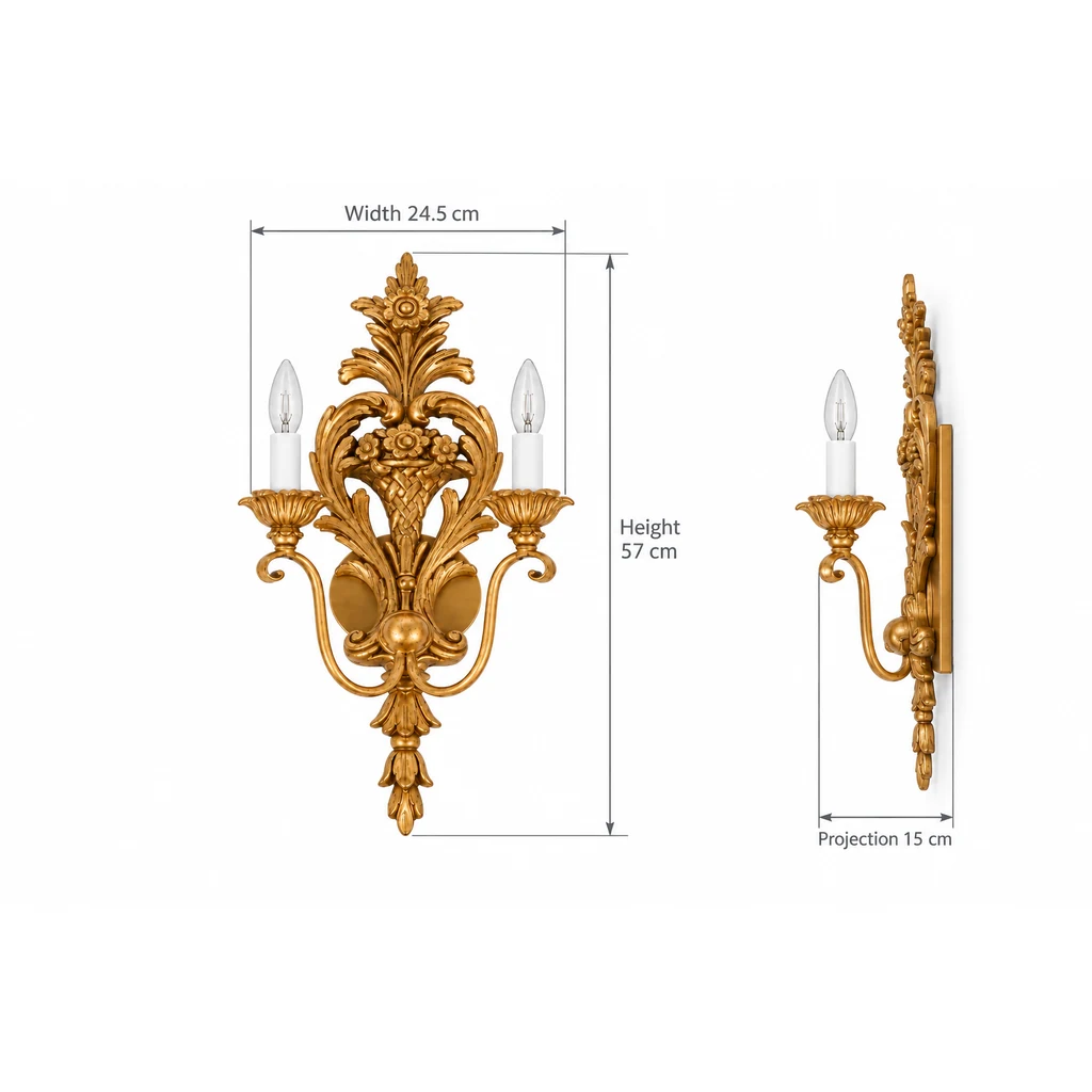 Amelie wall sconce dimensions: 24.5 cm wide, 57 cm high and 15 cm projection