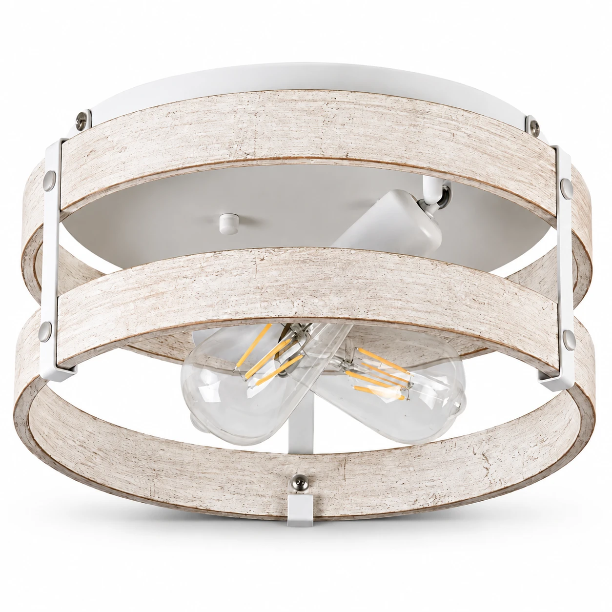 White wood round cage ceiling light on a white background