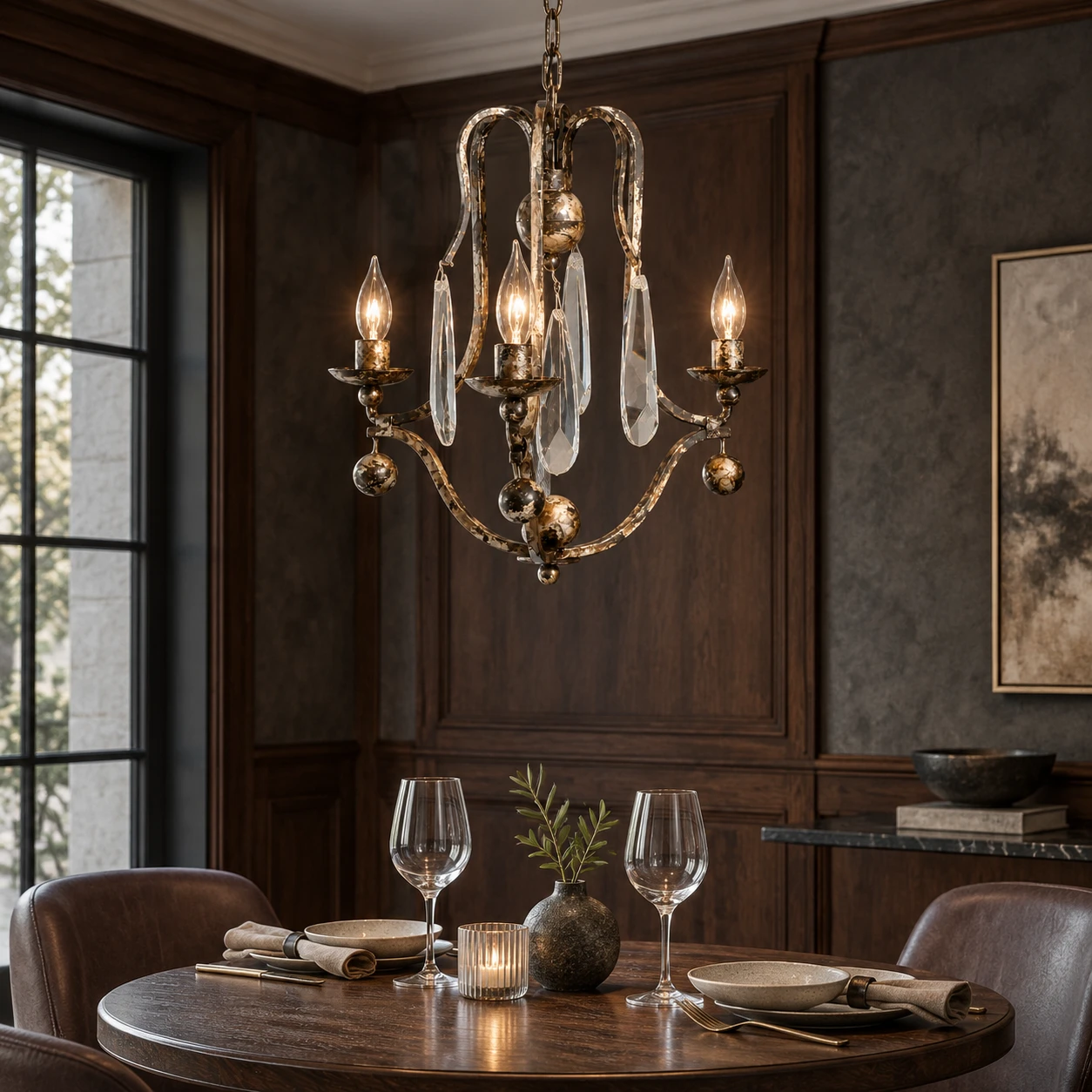 Distressed Iron Chandelier in 3-Light hospitality dining · deep timber and neutral light