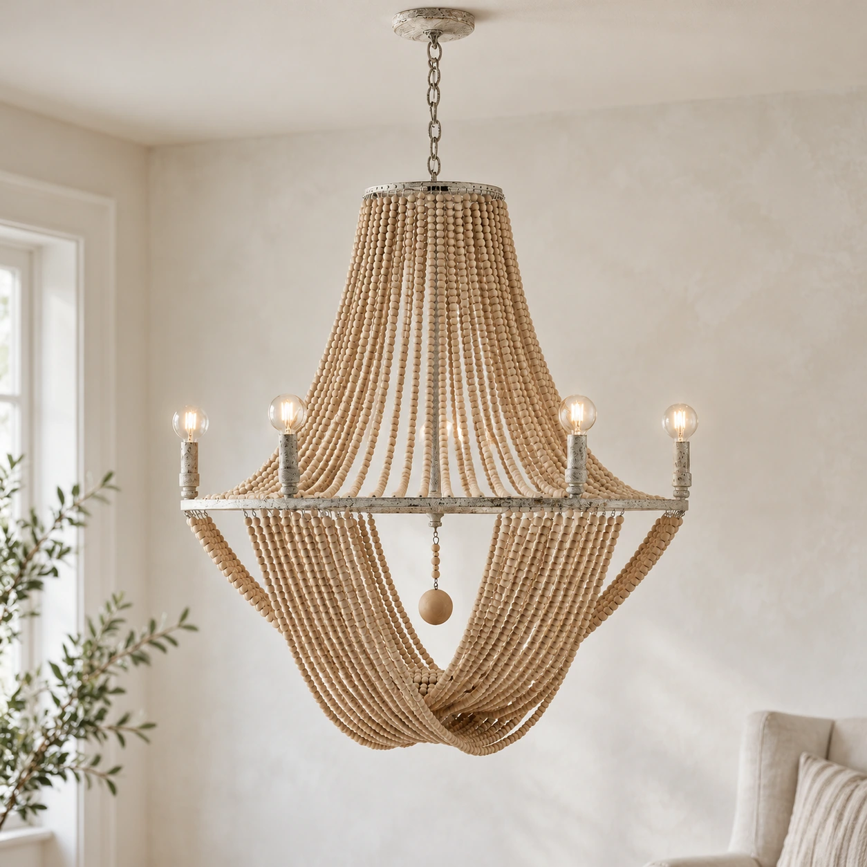 Six-light Elena wood bead chandelier in a living room
