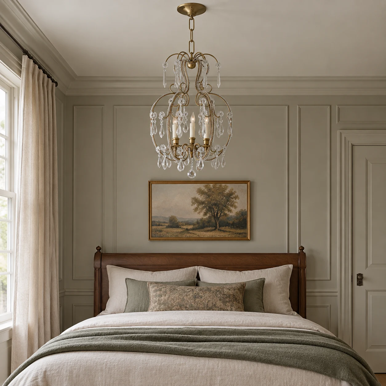 Large rust-brown crystal chandelier in a bedroom