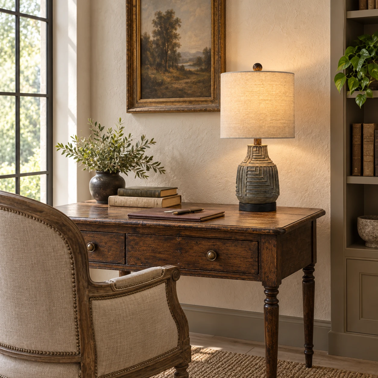 Carved wood table lamp on a writing desk