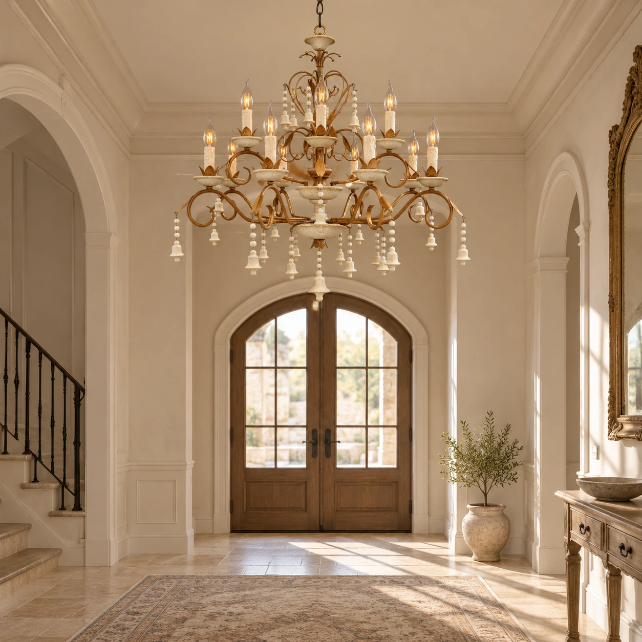 Old Wood 12-light chandelier in a high-ceiling entryway