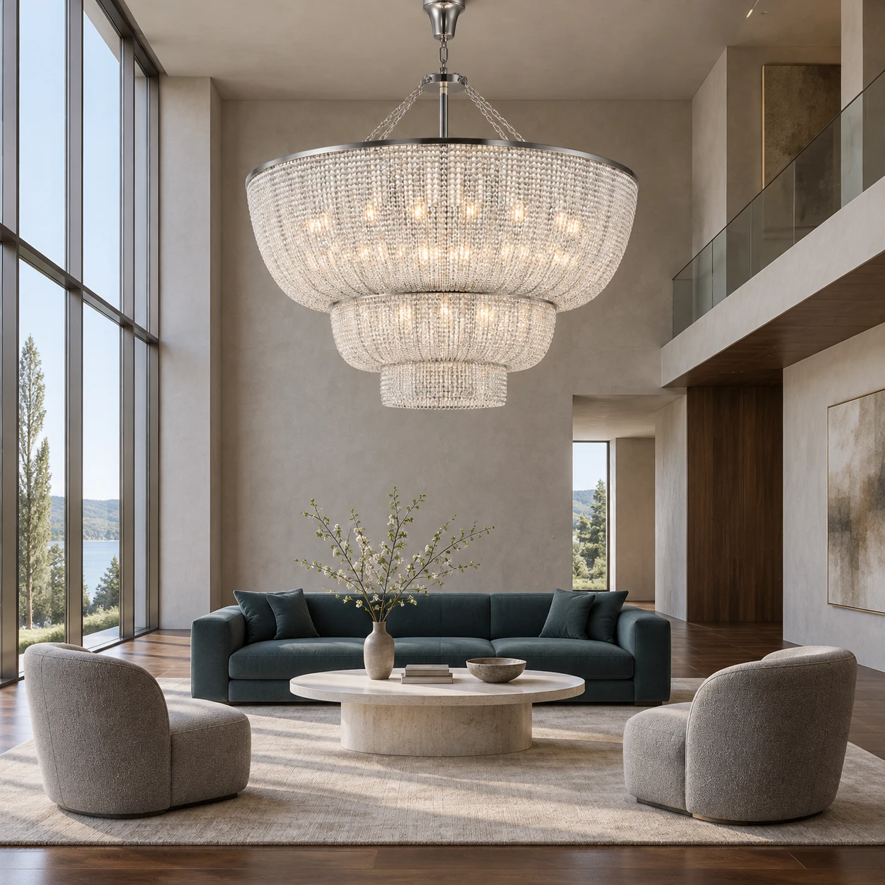 24-light clear bead chandelier in a reception salon