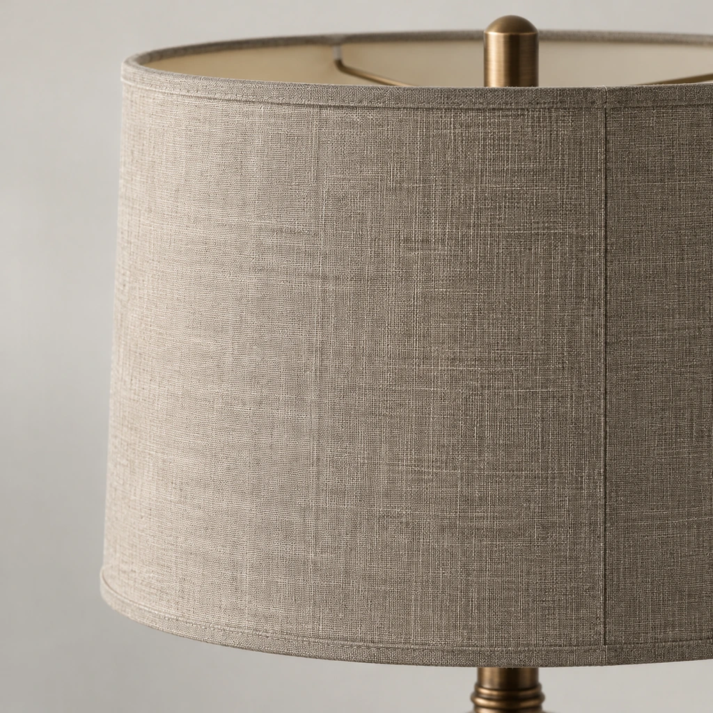 Close detail of the gray-taupe fabric shade and upper collar