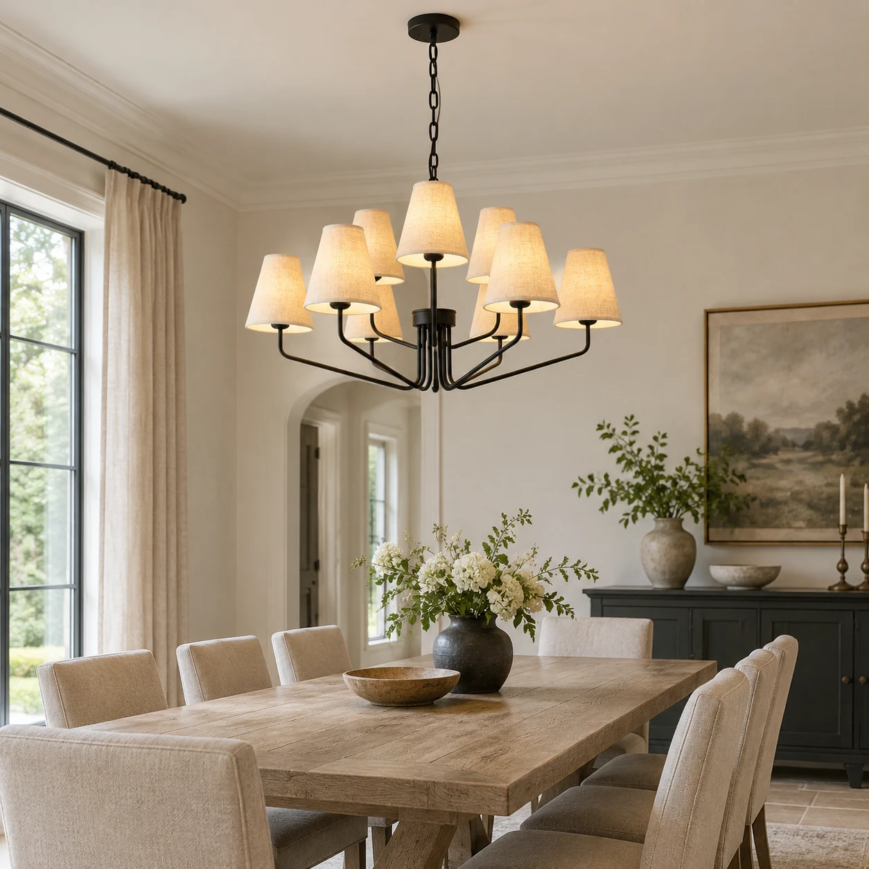 Lucia black iron branching fabric-shade chandelier in a dining room