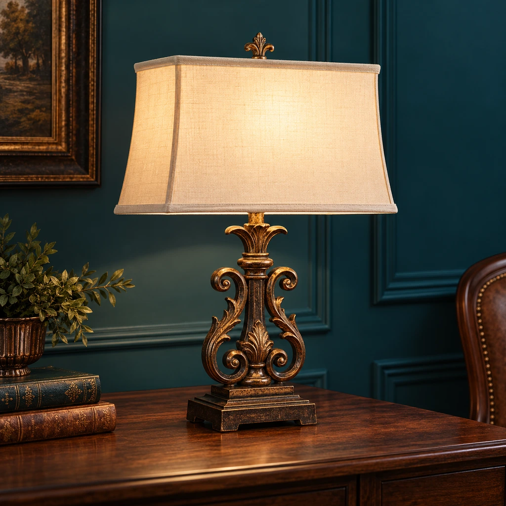 Rothbury ornate table lamp on a walnut study desk against deep teal walls