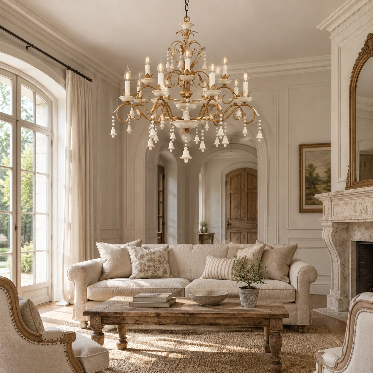 Vintage White 12-light chandelier in a bright living room