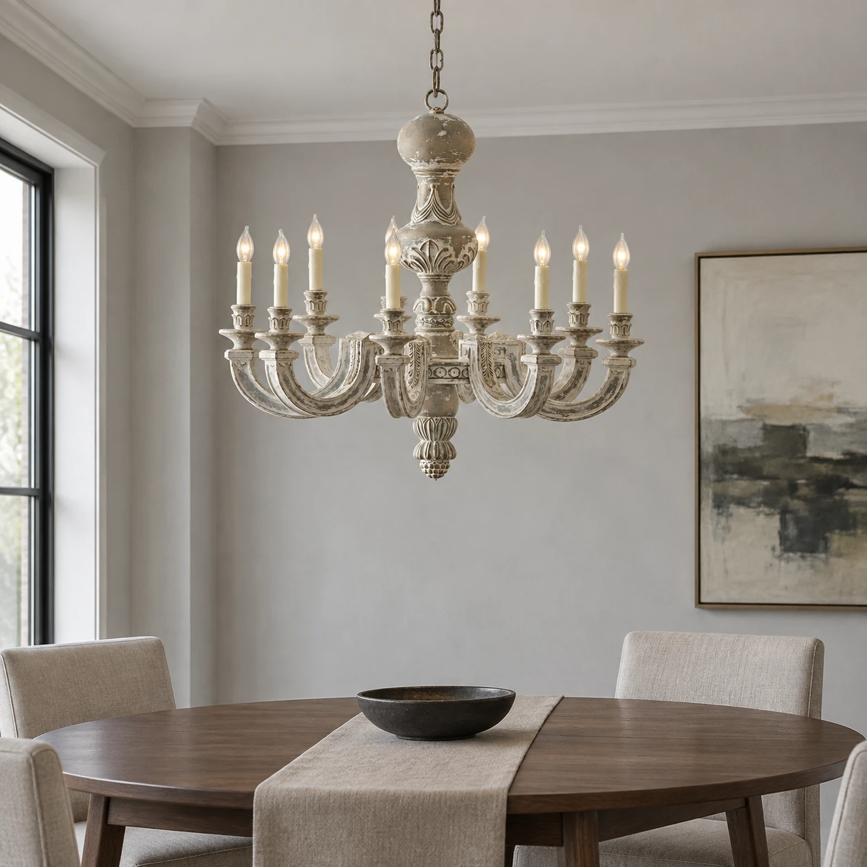 Eight-light distressed wood chandelier in a dining room
