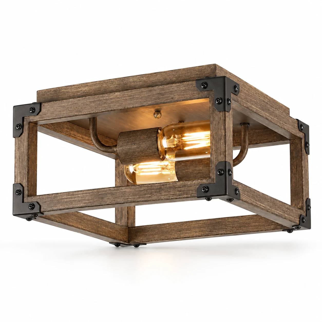 Rustic A caged wood ceiling light on a white background