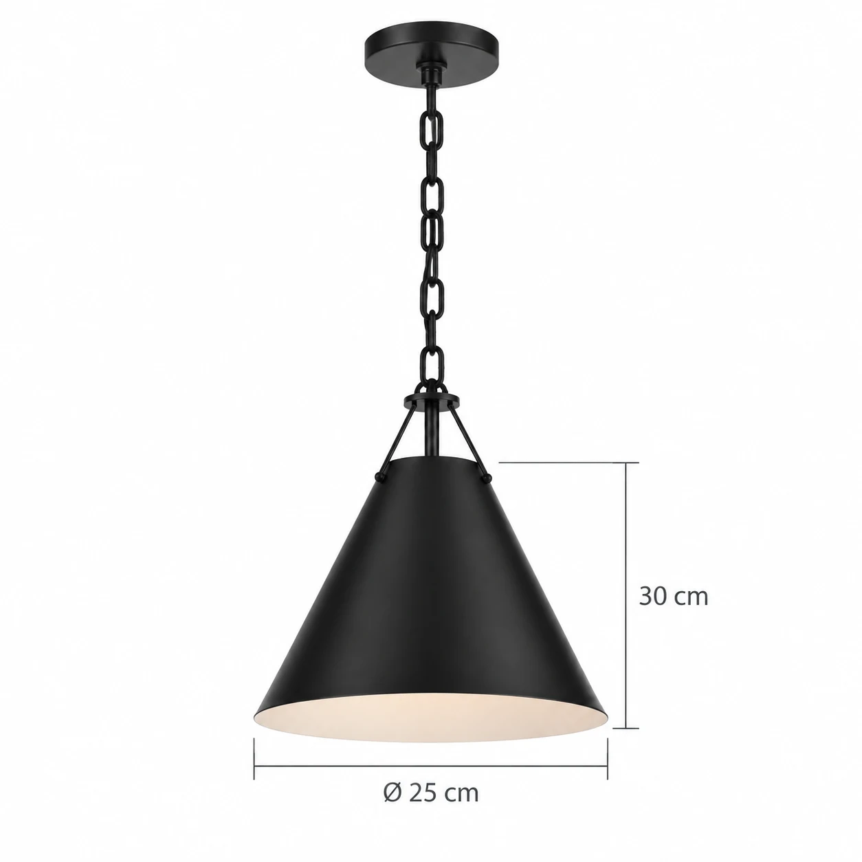 Elodie iron cone pendant front dimensions: 25 cm diameter and 30 cm height