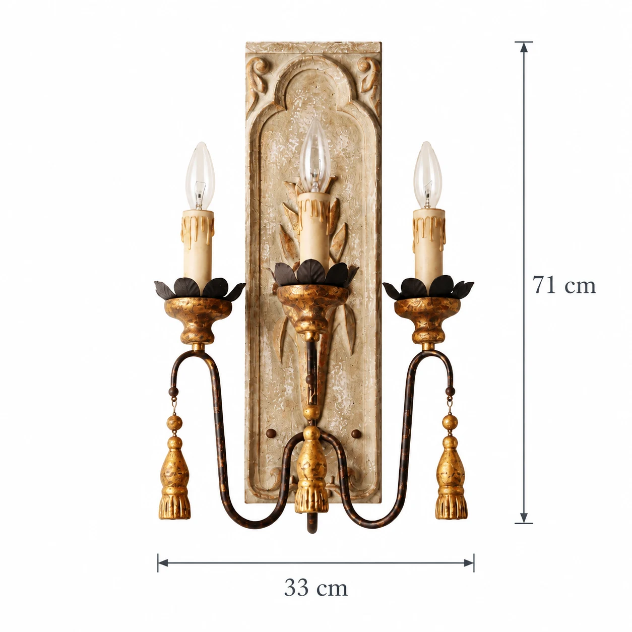 Camille triple-head wall sconce dimensions: 33 cm wide and 71 cm high