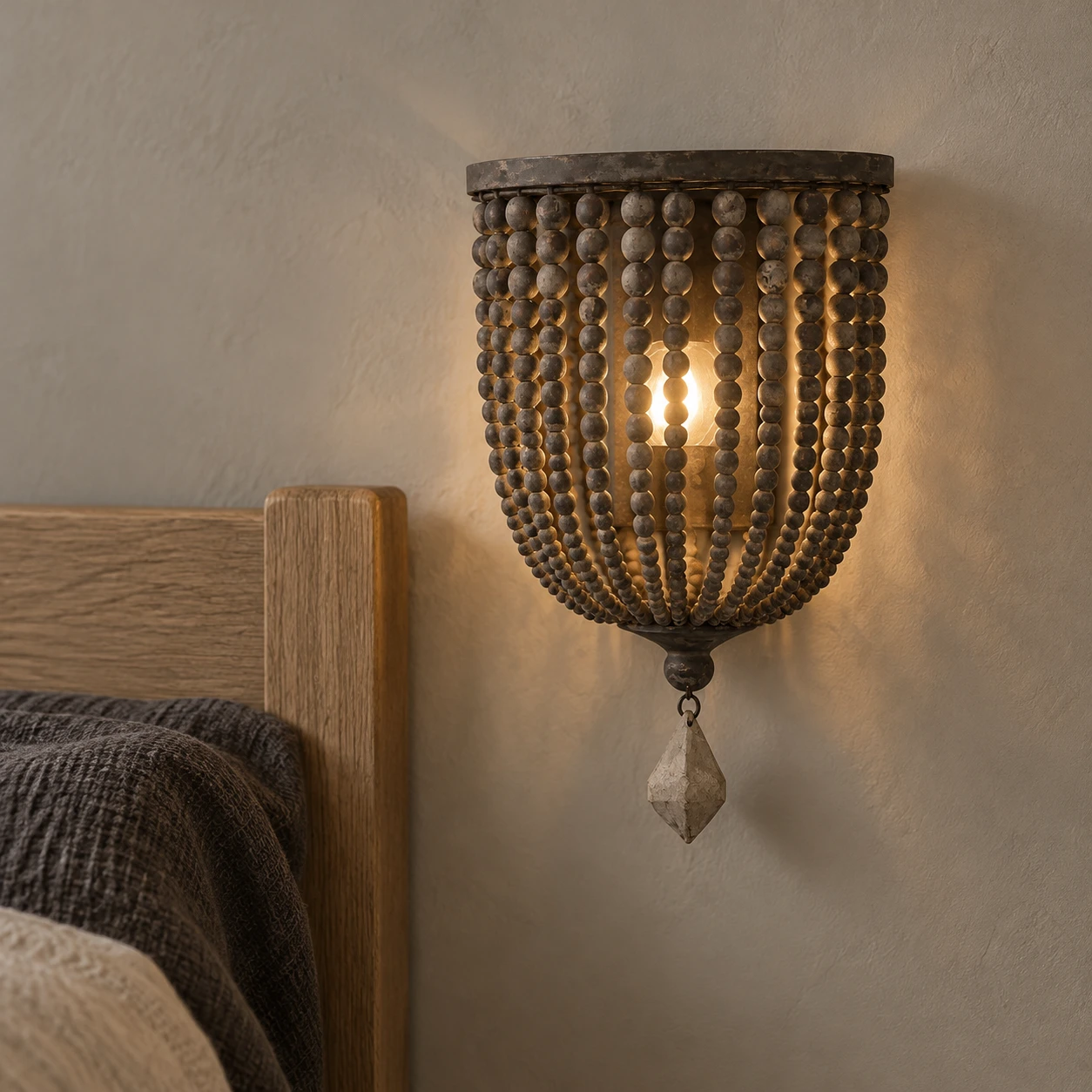 Elara Rustic Beaded Drop Iron Wall Sconce — Wood bead wall sconce beside a bedroom console