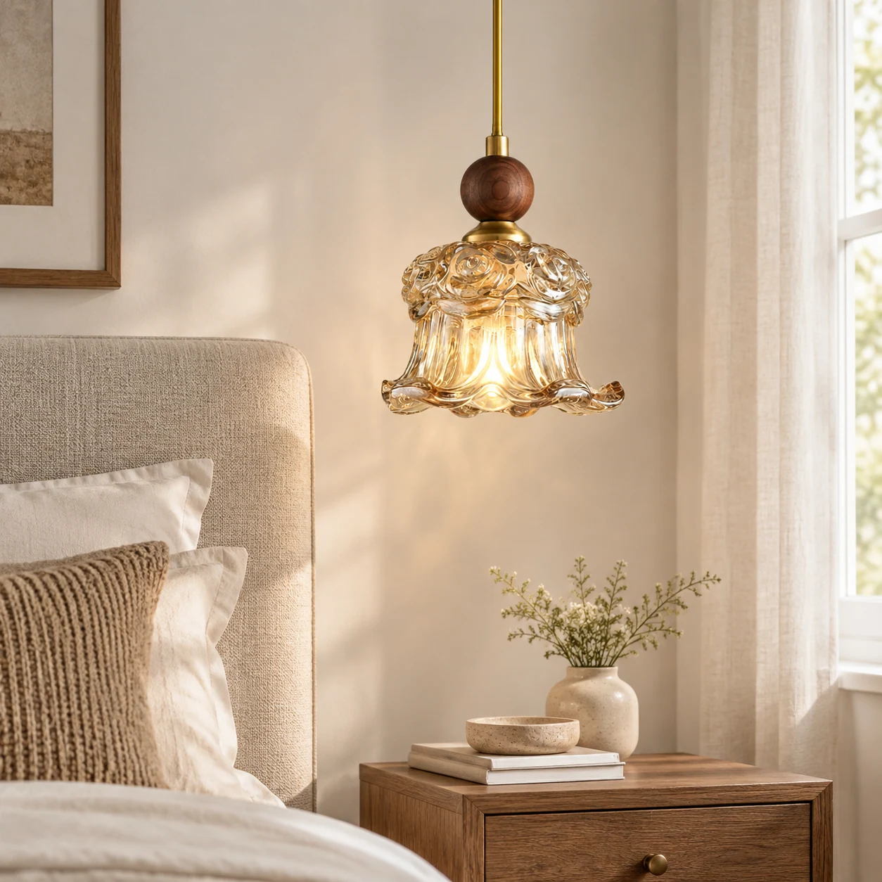 Floral glass pendant light in a bedroom