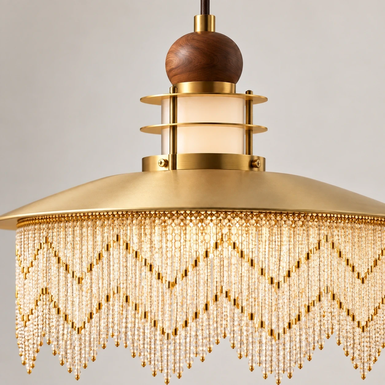Close view of Wushlp Vintage Fringe Wood Pendant Light fringe and branch junction