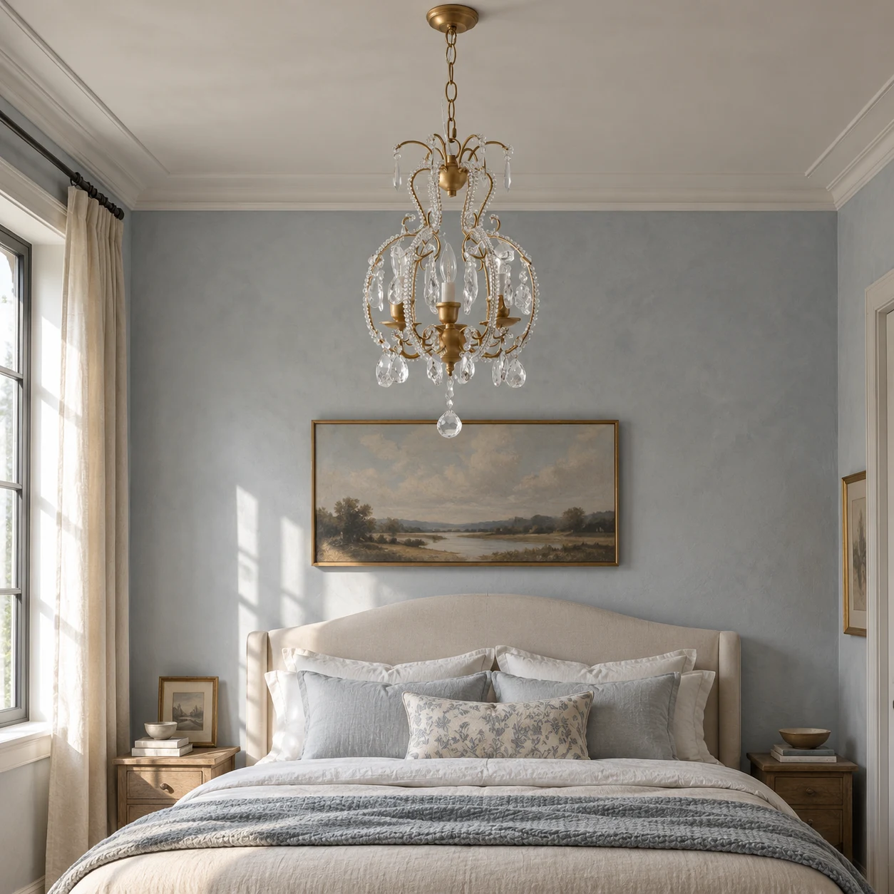 Small gold crystal chandelier in a bedroom