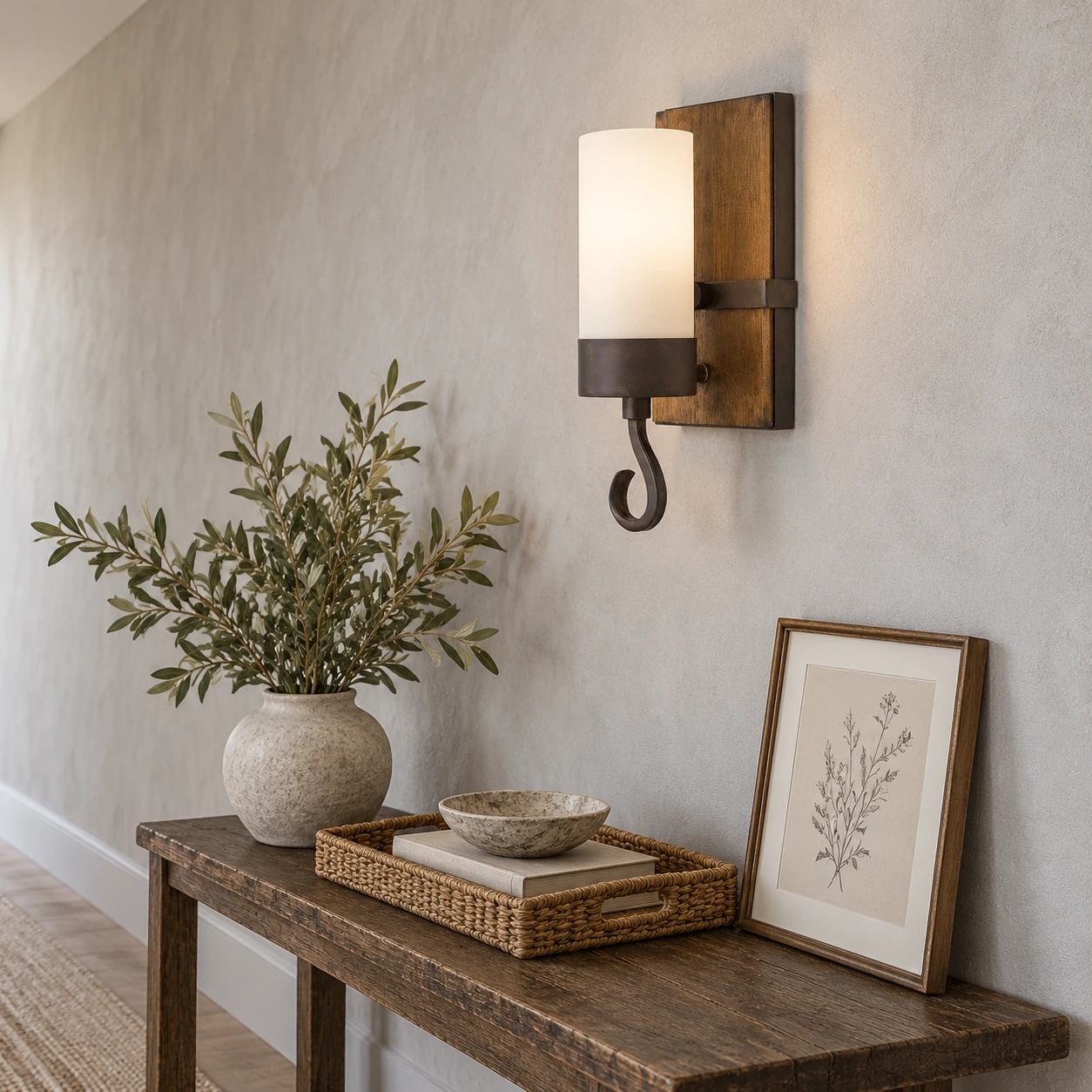 Carved wood wall sconce in a gray hallway