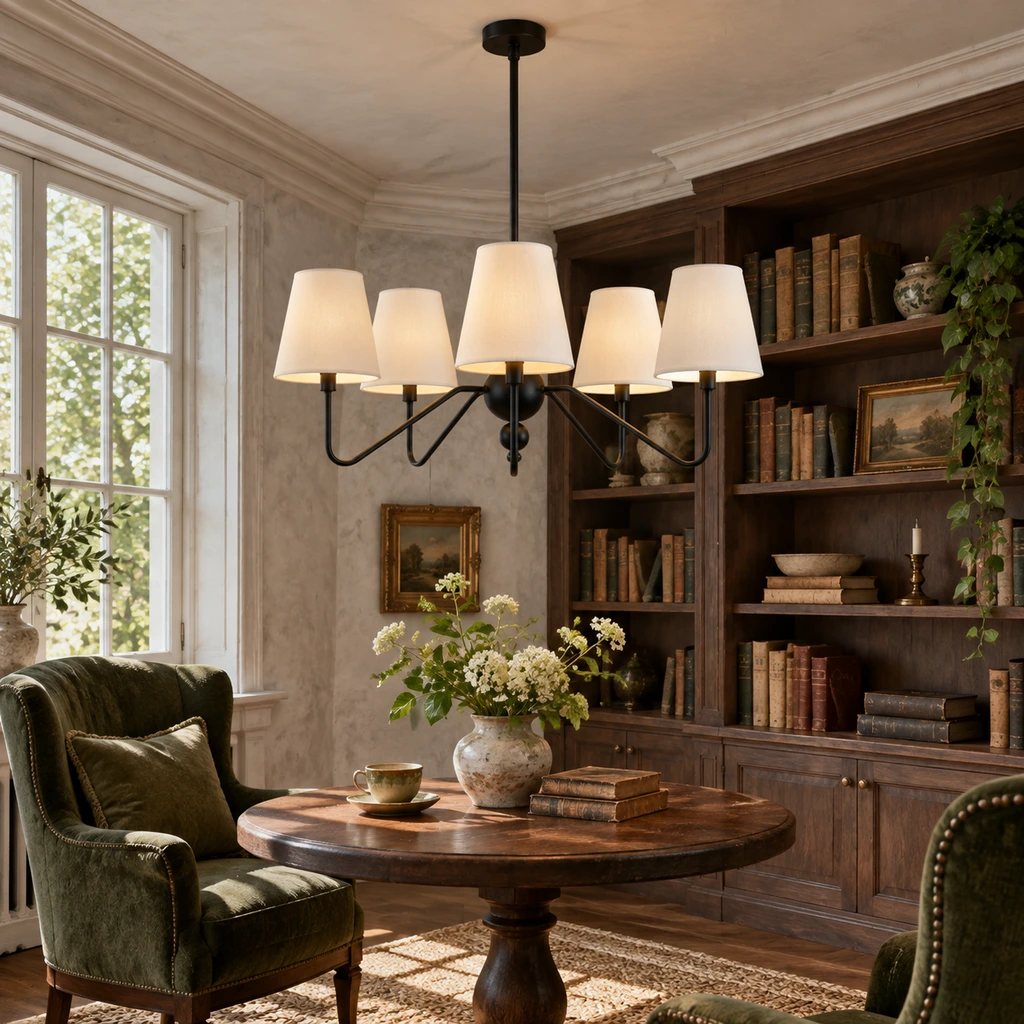 Black fabric shade branch chandelier installed in a library nook