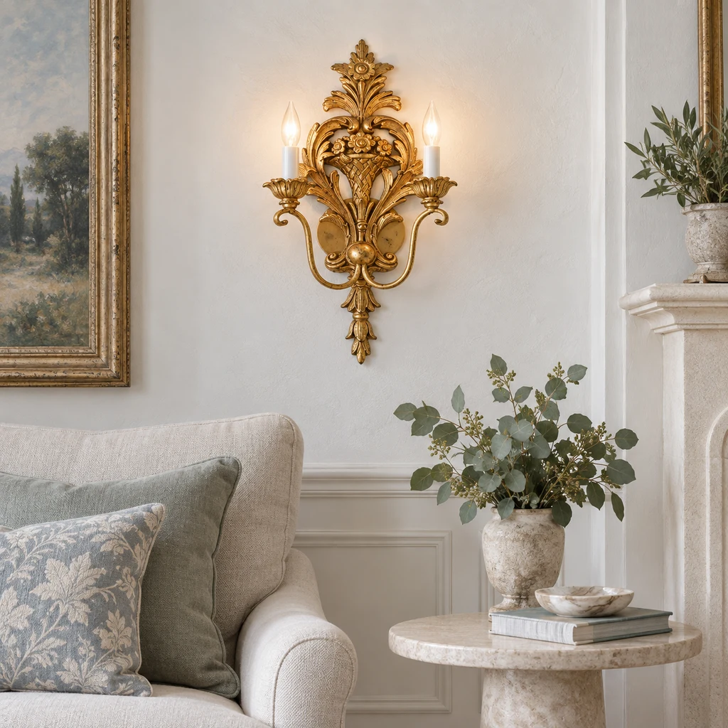 Amelie wall sconce on a plaster living room wall