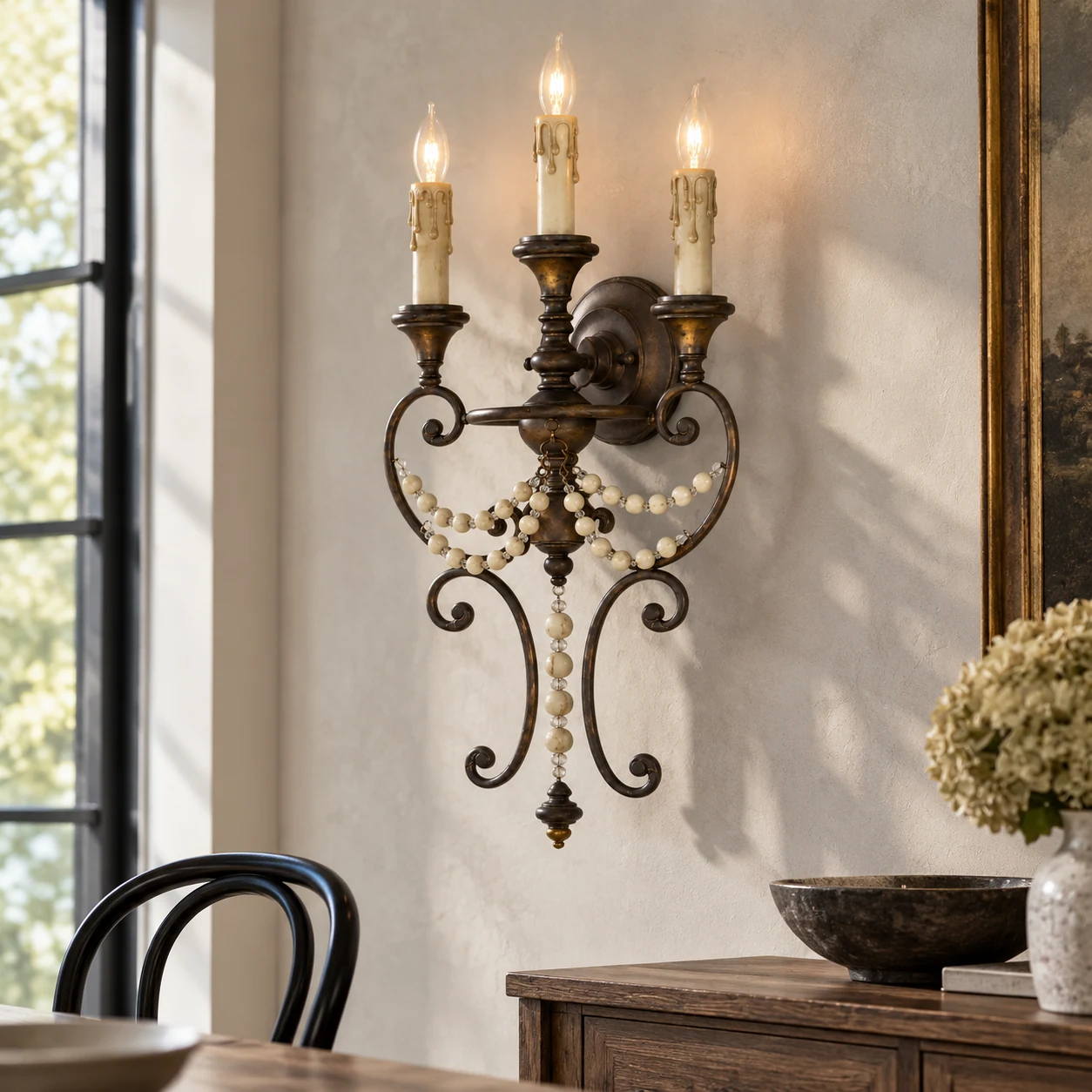 Antique three-light beaded wall sconce, residential installation scene
