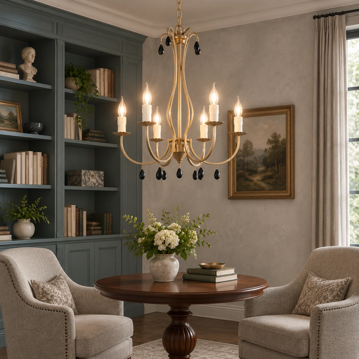 Celeste vintage gold chandelier in a smoky-teal library