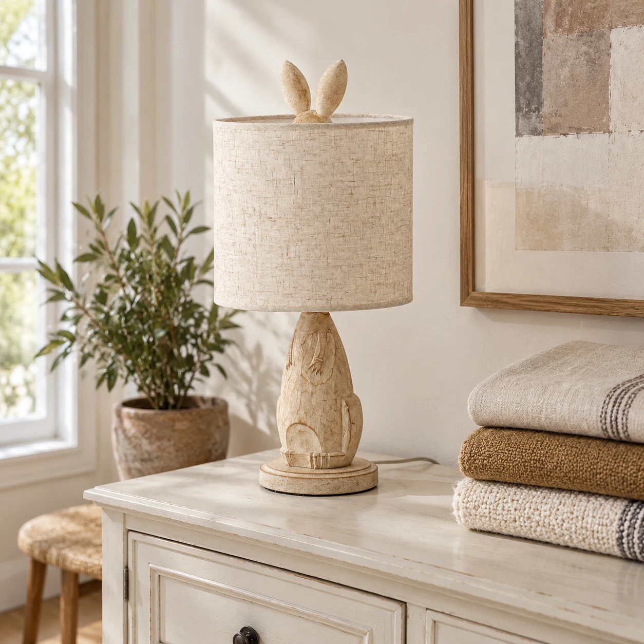 Carved rabbit table lamp beside folded textiles on a studio shelf