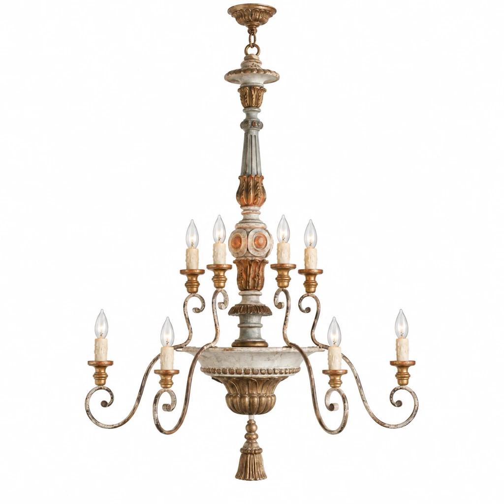 Front view of Aveline distressed carved wood and iron chandelier on white background