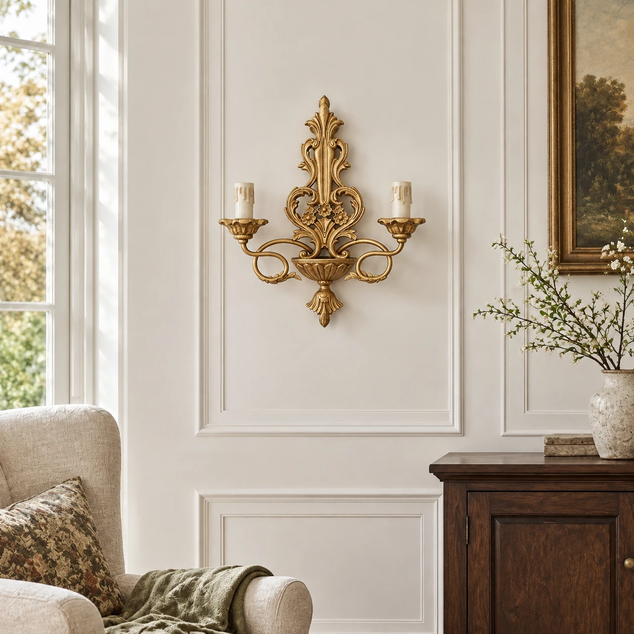 Vintage Gold carved wood wall sconce in a traditional living room