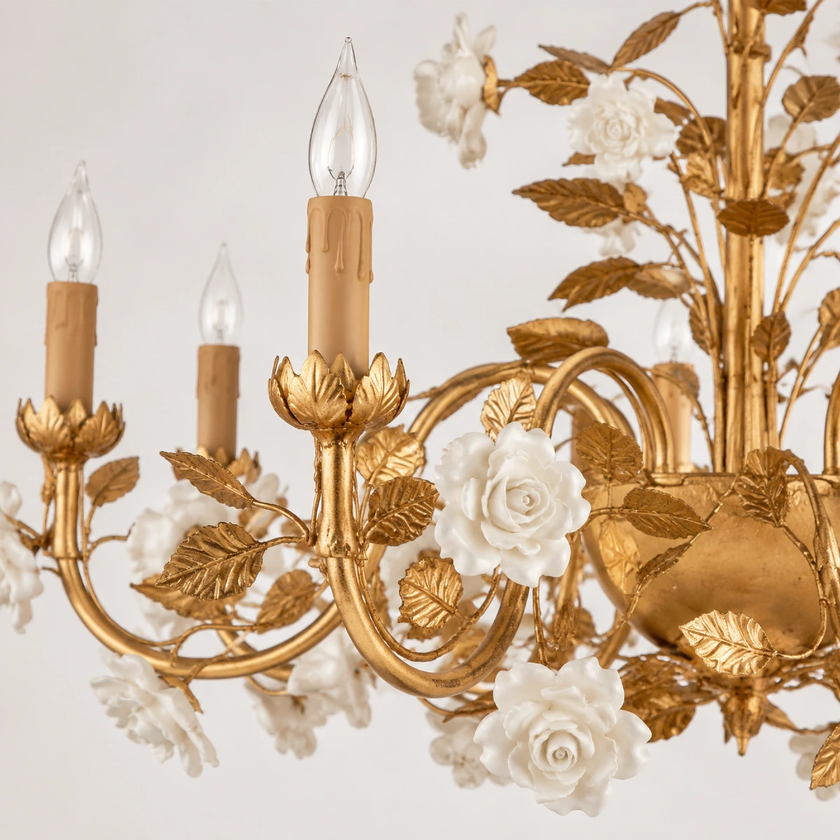 Close detail of Elara candle sleeve, floral cup and curved arm