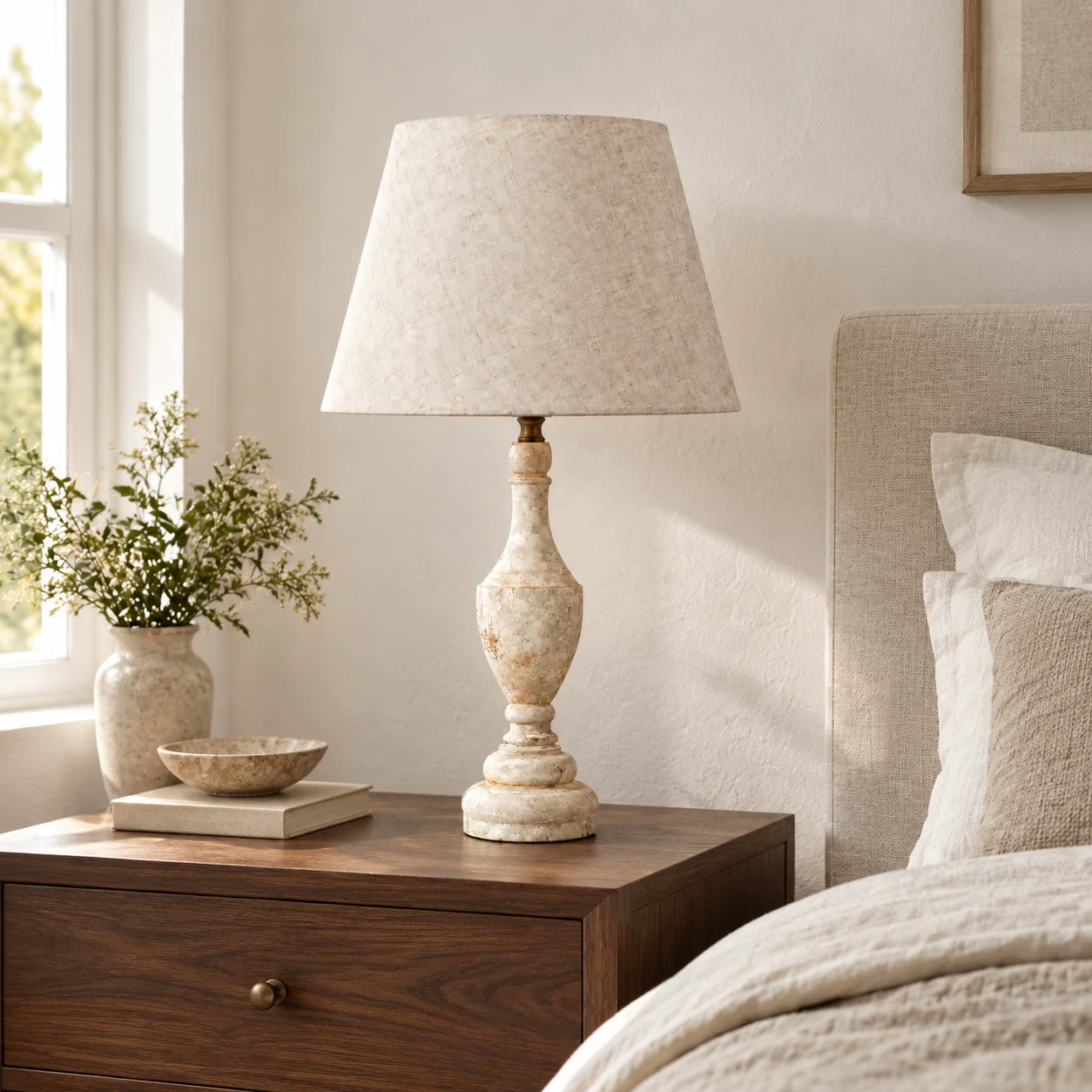 Antique white table lamp on a walnut bedside table