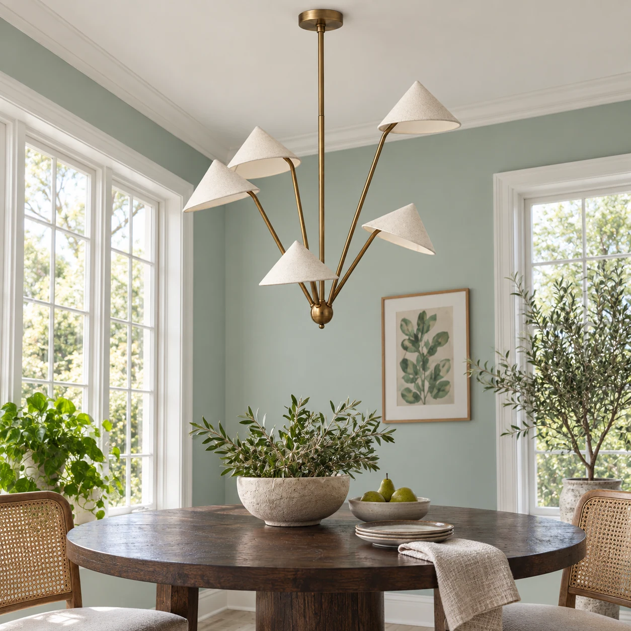 Five-light fabric shade pendant, breakfast-nook scene