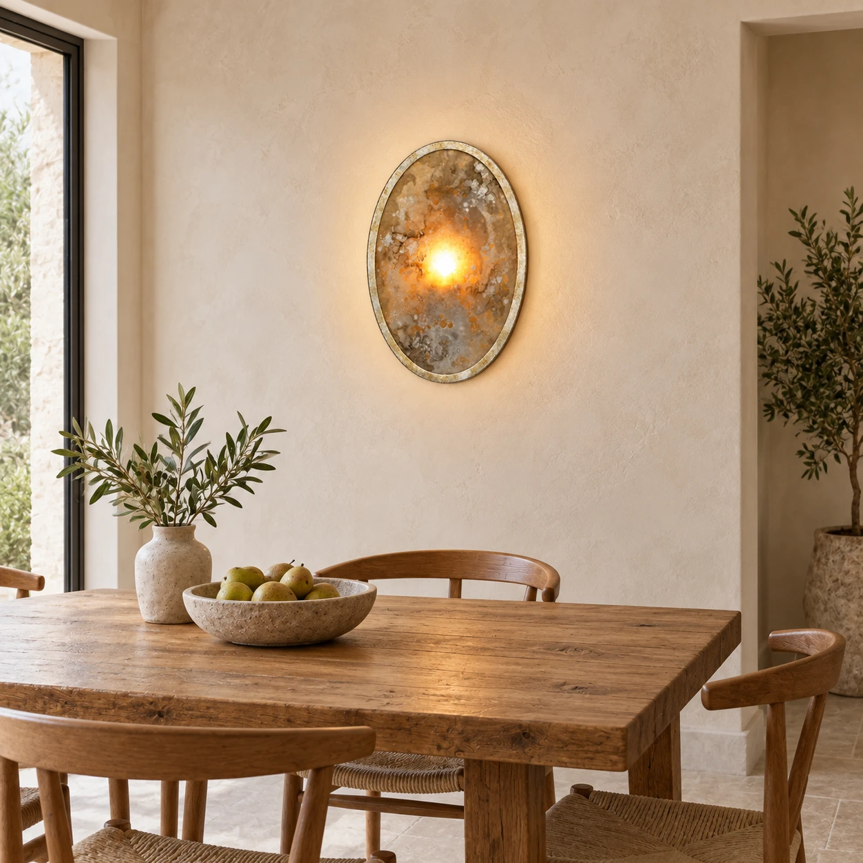 Clara French Vintage Antiqued Glass Iron Wall Sconce in a compact dining room above a timber table with pale mineral plaster