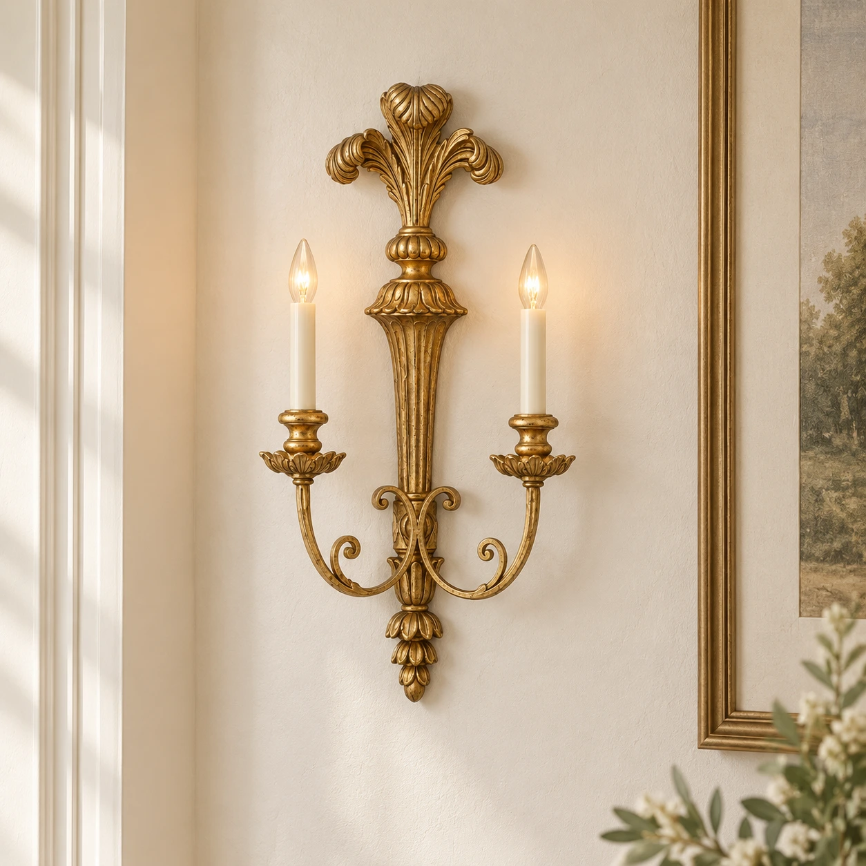 Elara Vintage Double-Candle Wood Wall Sconce — 05 scene passage